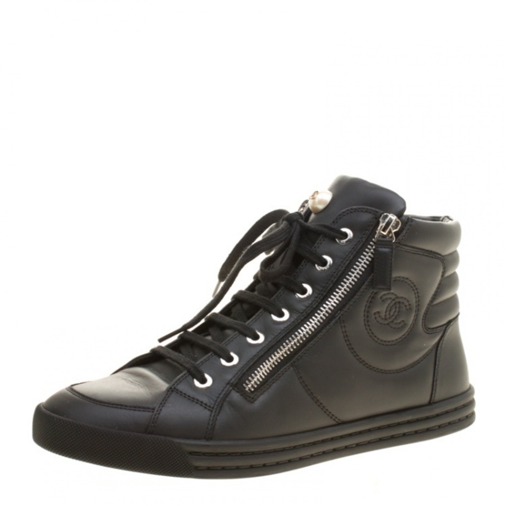 Chanel Black Leather CC Faux Pearl Embellished High Top Sneakers Size 35